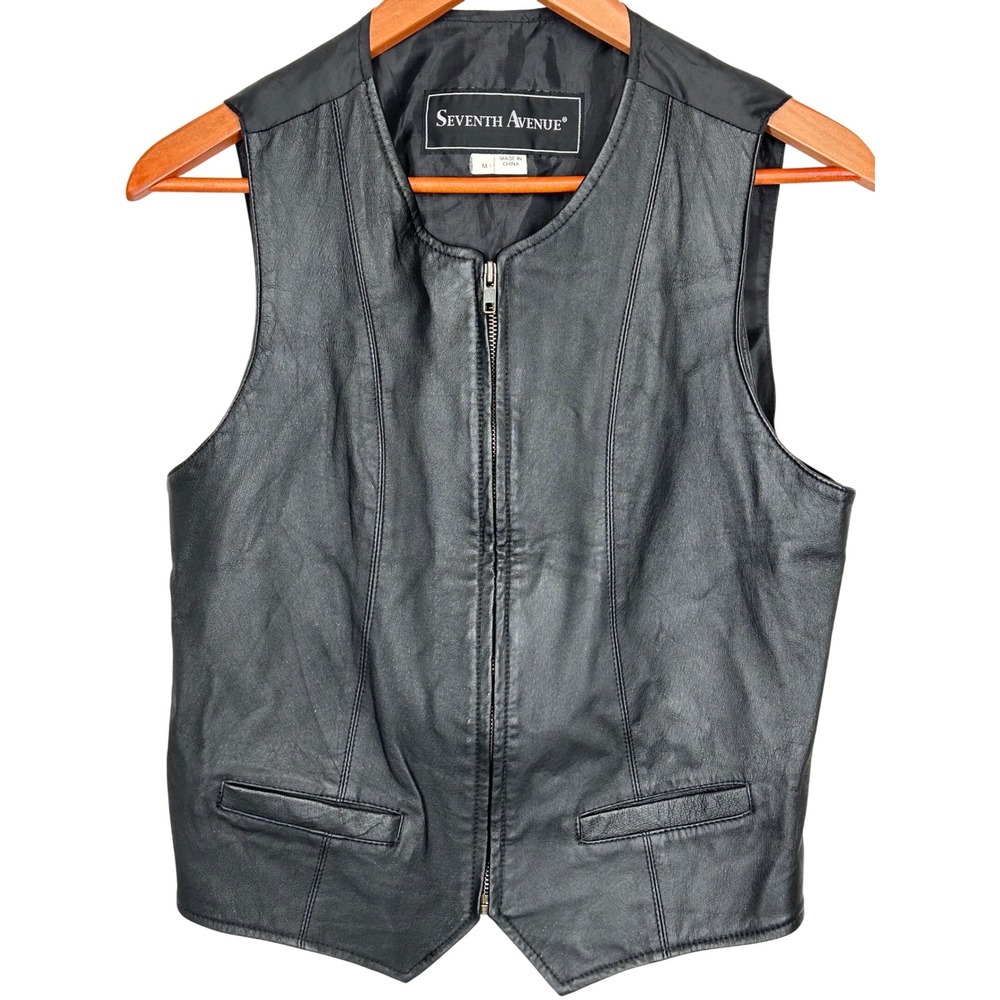 Seventh Avenue Women's Zip Up‎ Black Leather Front Vest w/Pockets Size Medium